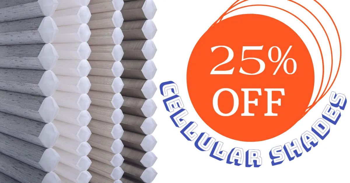 Cellular honeycomb shades in white, gray, and taupe — 25% off cellular shades